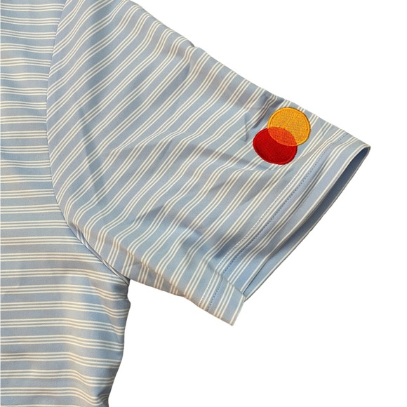 Adidas Men’s Stripe Polo Golf Shirt Light Blue and White Medium Mastercard Logo - Picture 3 of 8
